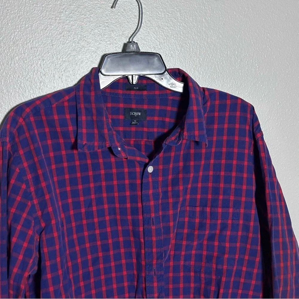 J. Crew Men Slim Fit‎ Button Down Navy/Red Plaid Casual Shirt size XL